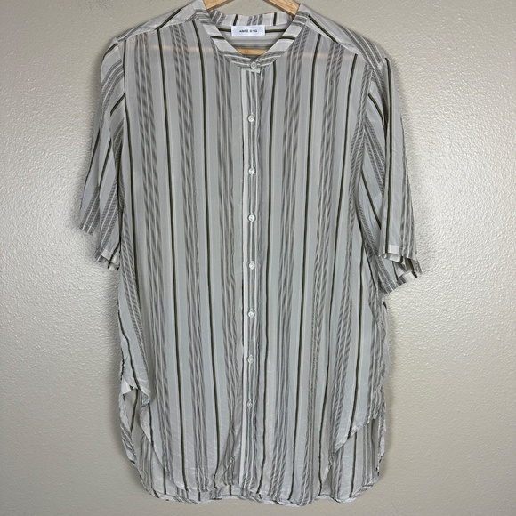 Anine Bing Women’s Large Silk Top Pinstripe Minimalist Quiet Luxury Blouse Cream - Picture 3 of 6